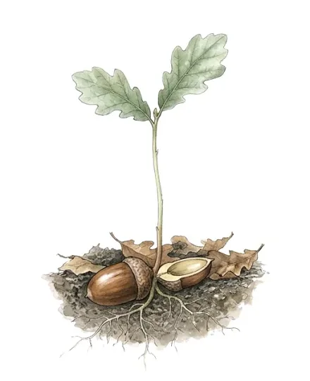 Watercolor of an English oak seedling with two lobed leaves, rising from its acorn into a small patch of forest soil and fallen leaves.