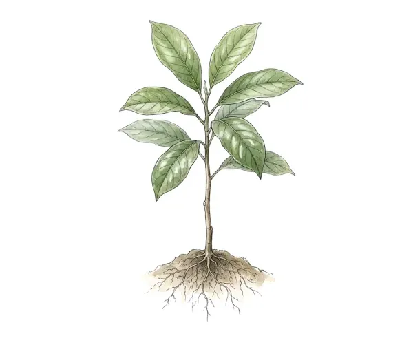 Watercolor of a young rainforest tree sapling with a few broad oval leaves, its roots in a small mound of soil.
