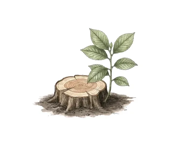 Watercolor of a cut tree stump showing its growth rings, with a small green sapling growing beside it from bare soil.