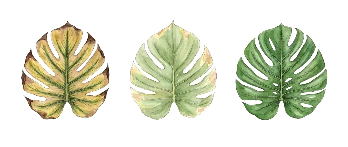 Illustration of three monstera leaves in a row: yellowing with a brown edge, then mostly green, then fully green.