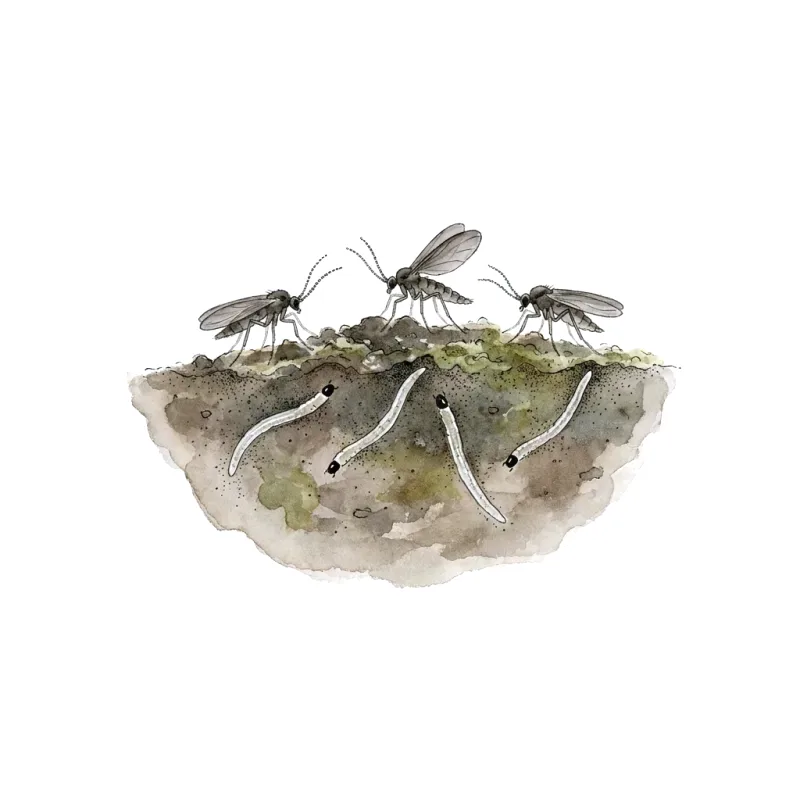 Illustration of fungus gnats on moist potting soil.