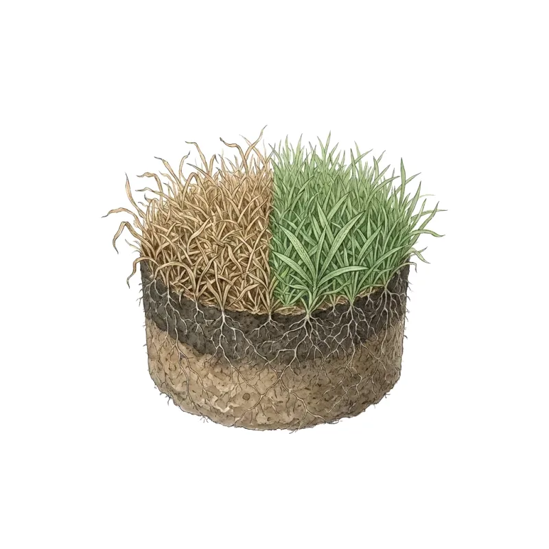 Illustration of a cut plug of lawn, brown on one half and green on the other.