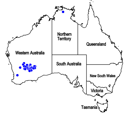 Apatelantha viscida: Mapa de distribución de Physopsis viscida , endemismo de Western Australia.