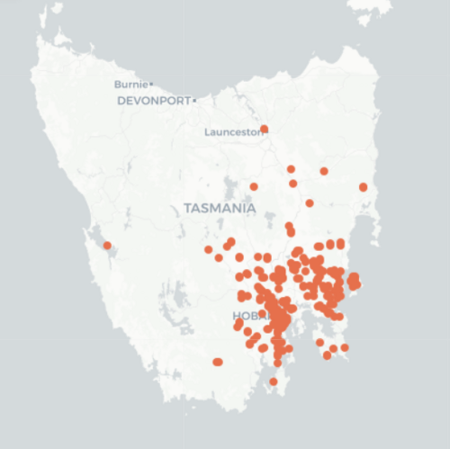 Asterotrichion discolor: Occurrence map of A. discolor in Tasmania