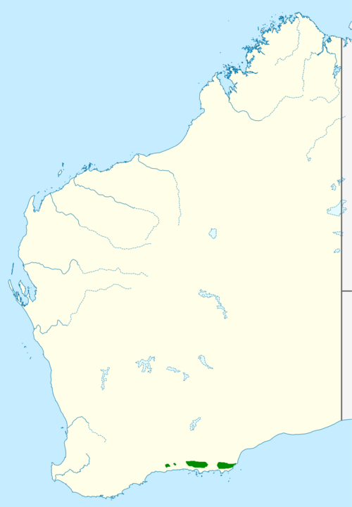 Banksia petiolaris: Banksia petiolaris range map, map template is from File:Australia Western Australia location map blank.svg , and information is fromInformation adapted from Tay