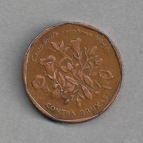 Campanula jacobaea: Cap-Vert : pièce de 5 escudos représentant Campanula jacobaea Webb ( contra bruxas ), une plante endémique du Cap-Vert