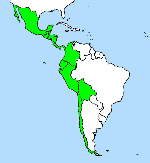 Rocoto: Countries that cultivate Capsicum pubescens commercially. Based on: Image:A_large_blank_world_map_with_oceans_marked_in_blue.PNG by User:Astrokey44 and User:Den