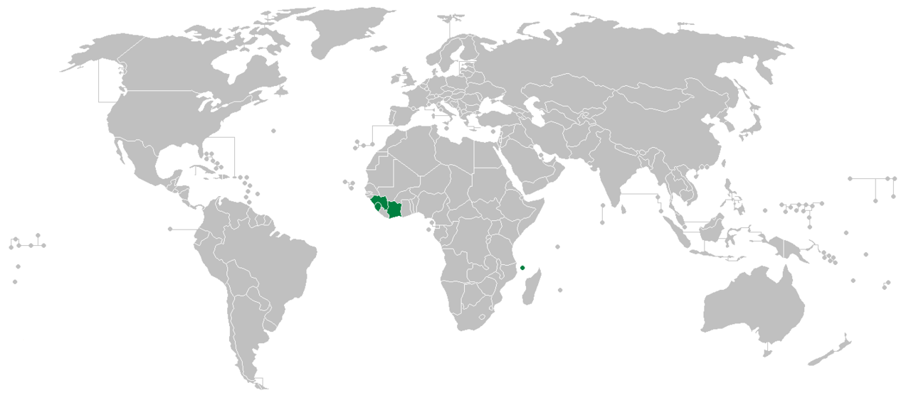 Coffea: Distribution map of Coffea stenophylla