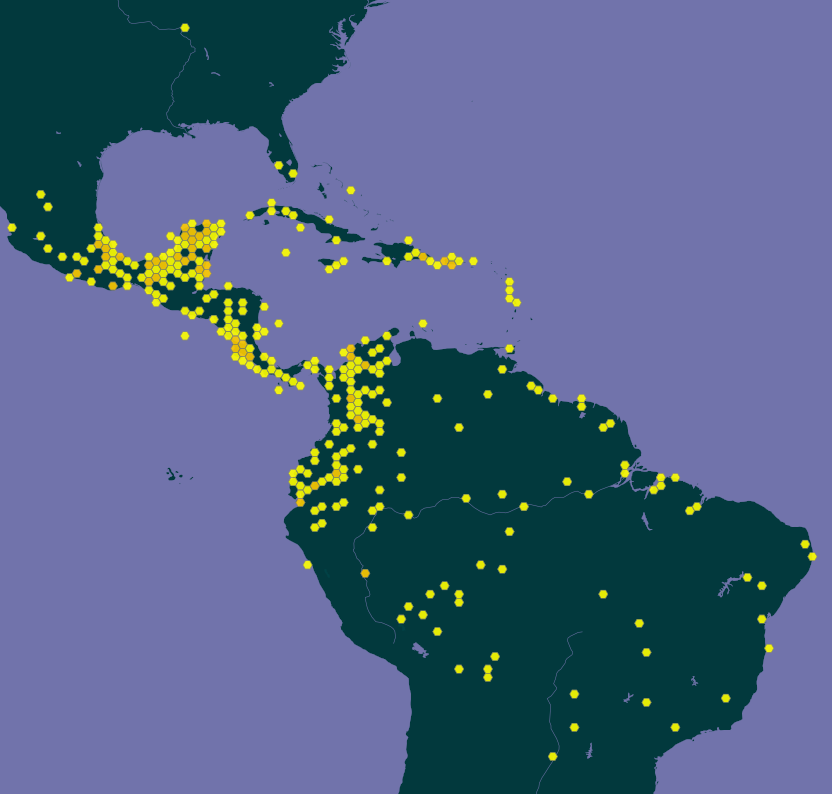 Common calabash tree: Mapa GBIF de distribuição de Crescentia cujete