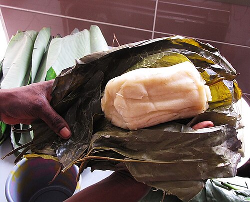 Haumania liebrechtsiana: Cooked almost hermetically sealed inside a layered leaf wrap of leaves called 'nzomfi' in Kikongo, a roll of cassava 'bread' or 'roll' called 'chikwangue' is un