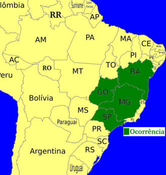 Kielmeyera lathrophyton: Mapa mostrando a distribuição de Kielmeyera lathrophyton em Bahia, Goias, Distrito Federal, Minas Gerais e São Paulo.