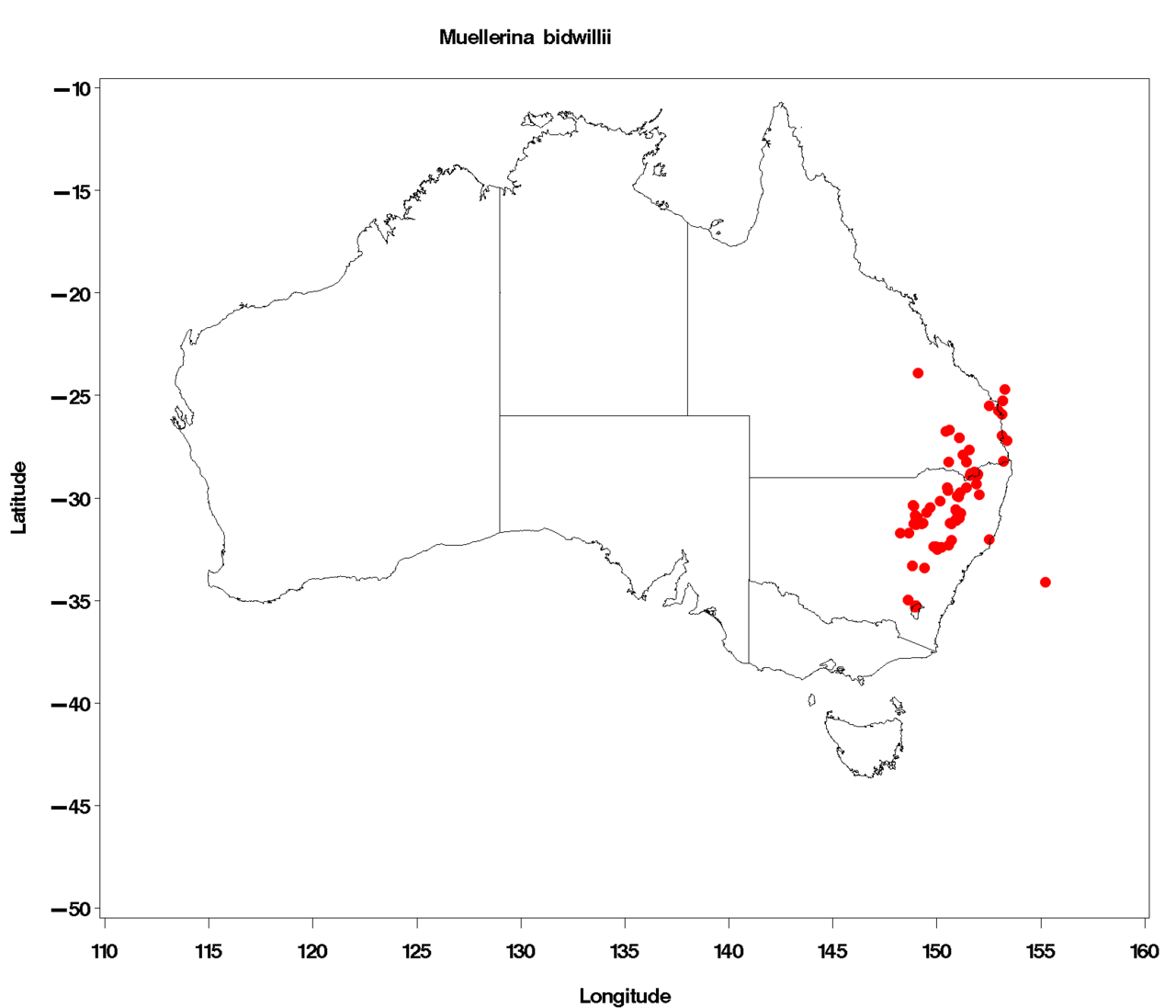 Muellerina bidwillii: Australian distribution of Muellerina bidwillii based on download from Australasian Virtual Herbarium May 9, 2018