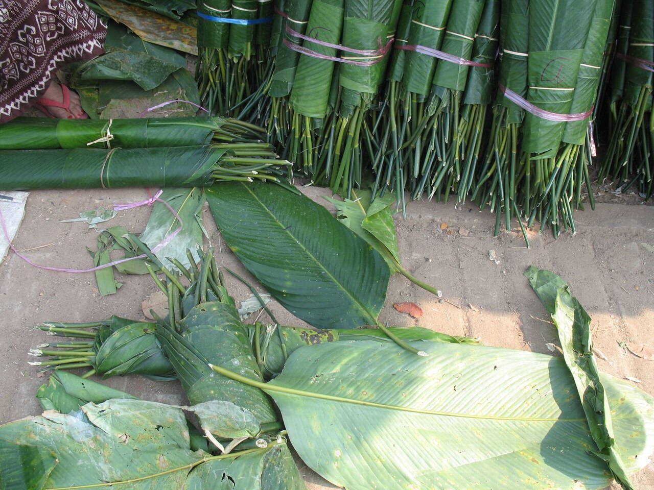 Phrynium pubinerve: Les feuilles de Phrynium pubinerve vendues sur le marché de Vientiane pour le Nouvel An chinois.