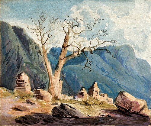 Euphrates poplar: Old poplar tree (Populus euphrasica) with stone monuments in Ladák, Kashmir. Watercolour by H. Schlagintweit, 1856. Iconographic Collections Keywords: Hermann v