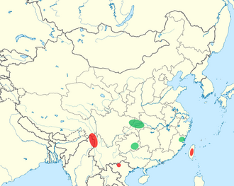 Taiwania: Distribution of Taiwania cryptomerioides , red: original distribution green: propably introduced