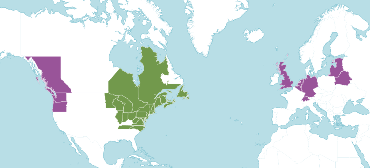American cranberry: Distribution map of Vaccinium macrocarpon Aiton