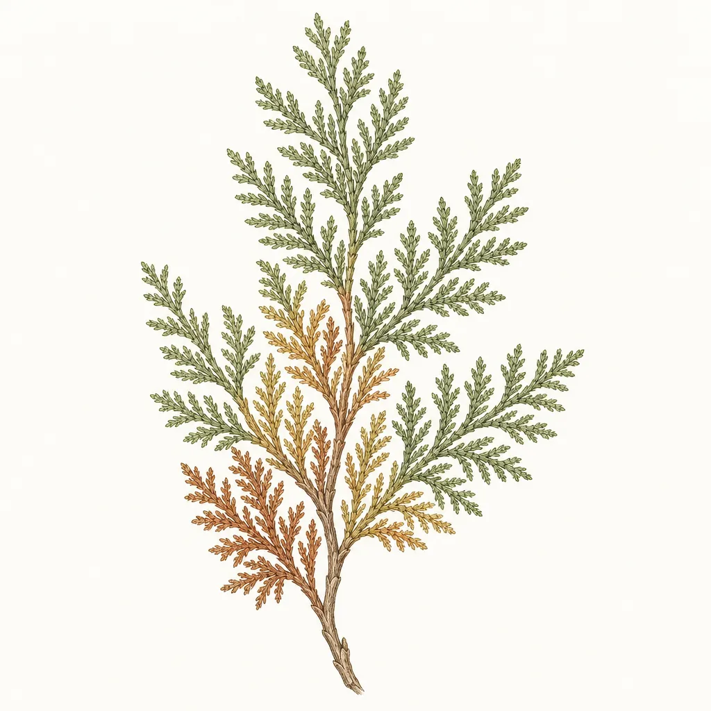 AI illustration of an arborvitae branch with brown older interior foliage and green outer tips, showing seasonal needle drop.