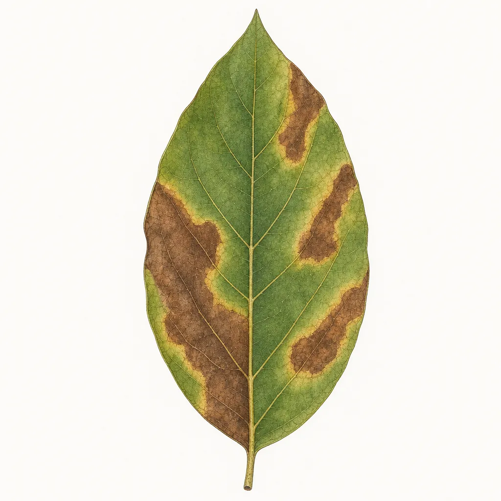 AI illustration of an avocado leaf with large dry brown patches between the veins and pale yellow borders.