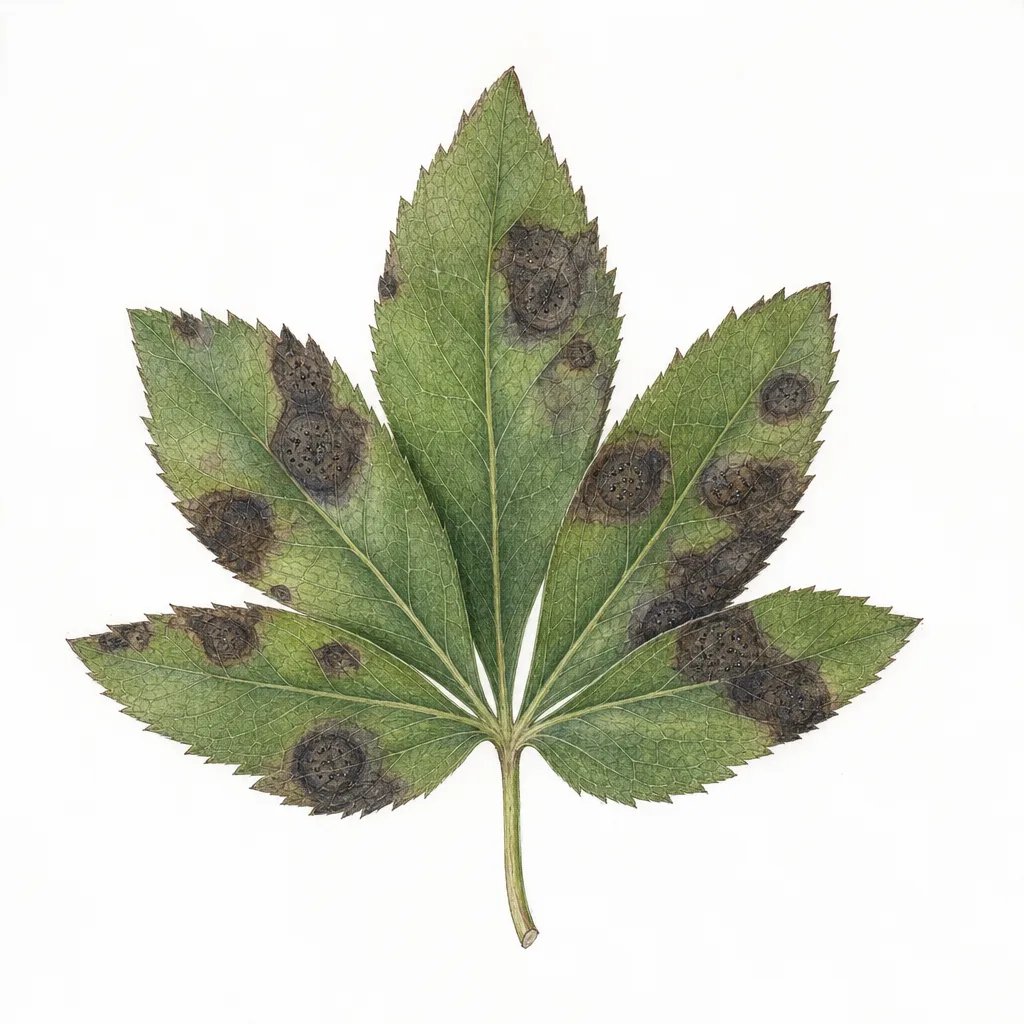 AI illustration of a hellebore leaf with dark brown-to-black fungal spots and merging dead patches.