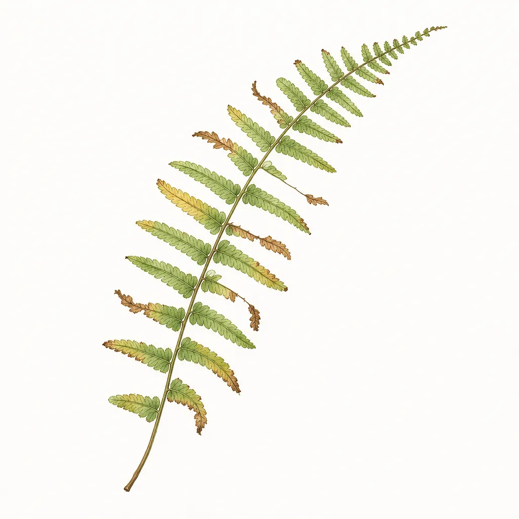 AI illustration of a Boston fern frond with yellowing, brown-edged leaflets and bare sections where leaflets have fallen.