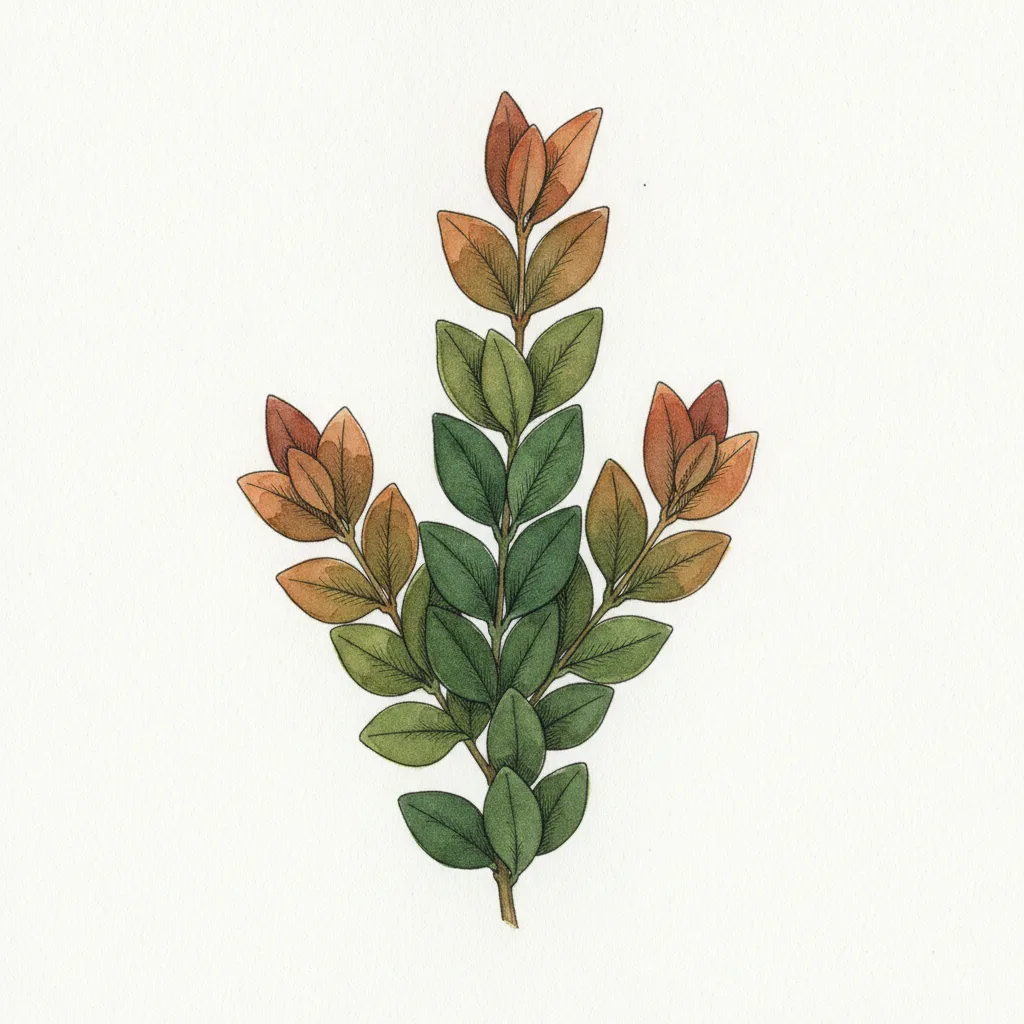 AI illustration of a boxwood branch showing foliage turning from bright green to a bronze and rust-orange color due to winter weather exposure.