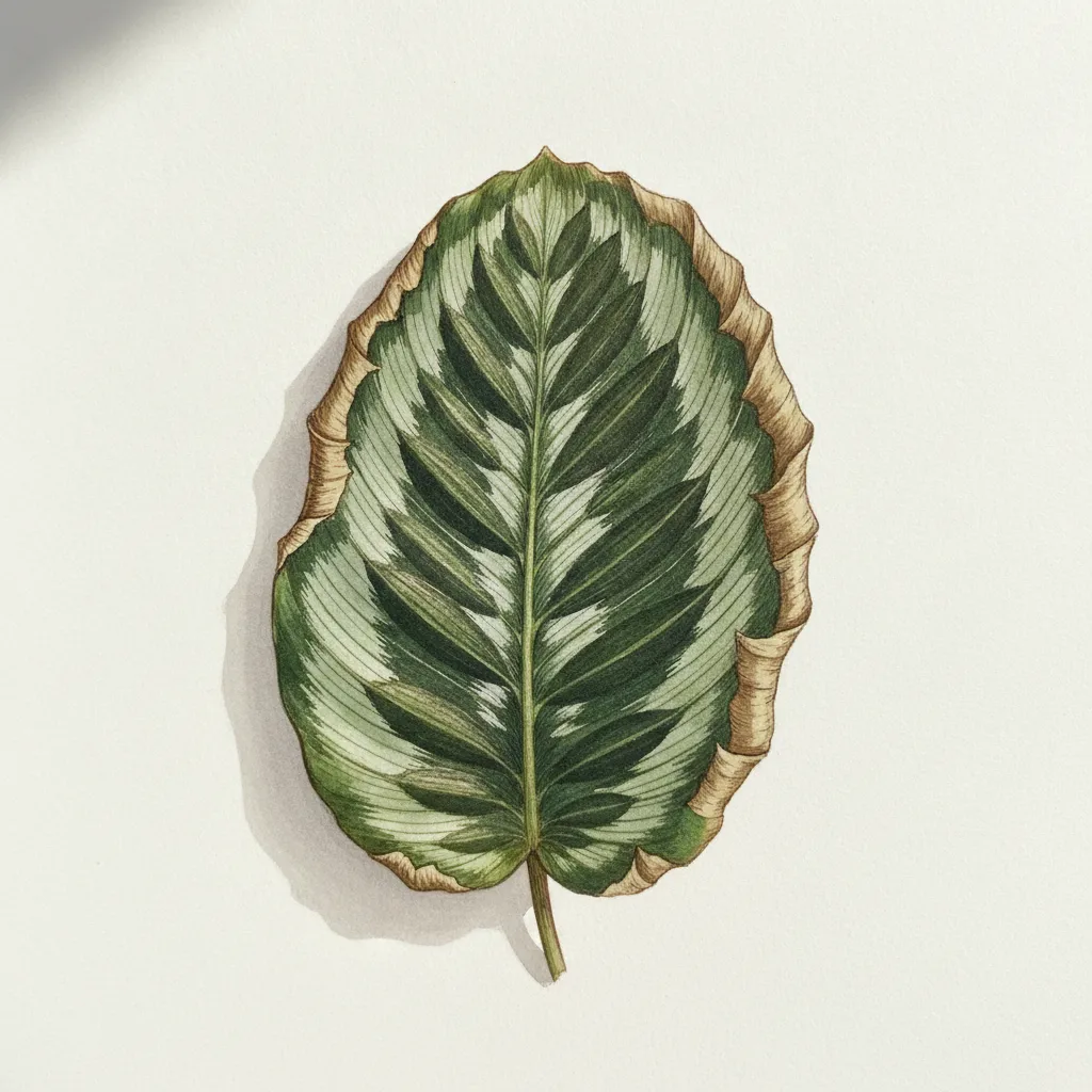 AI illustration of a single calathea leaf displaying inward curling along the edges and brittle brown, crispy leaf margins.