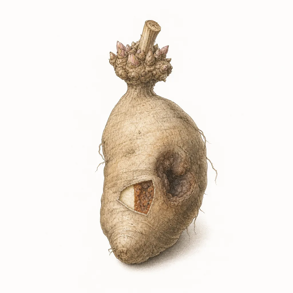 AI illustration of a dahlia tuber with a collapsed brown patch and a cutaway showing discolored internal tissue.
