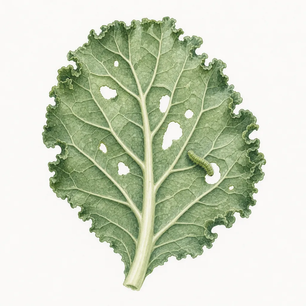 AI illustration of a kale leaf with ragged holes between its veins and a small green cabbageworm on the underside.
