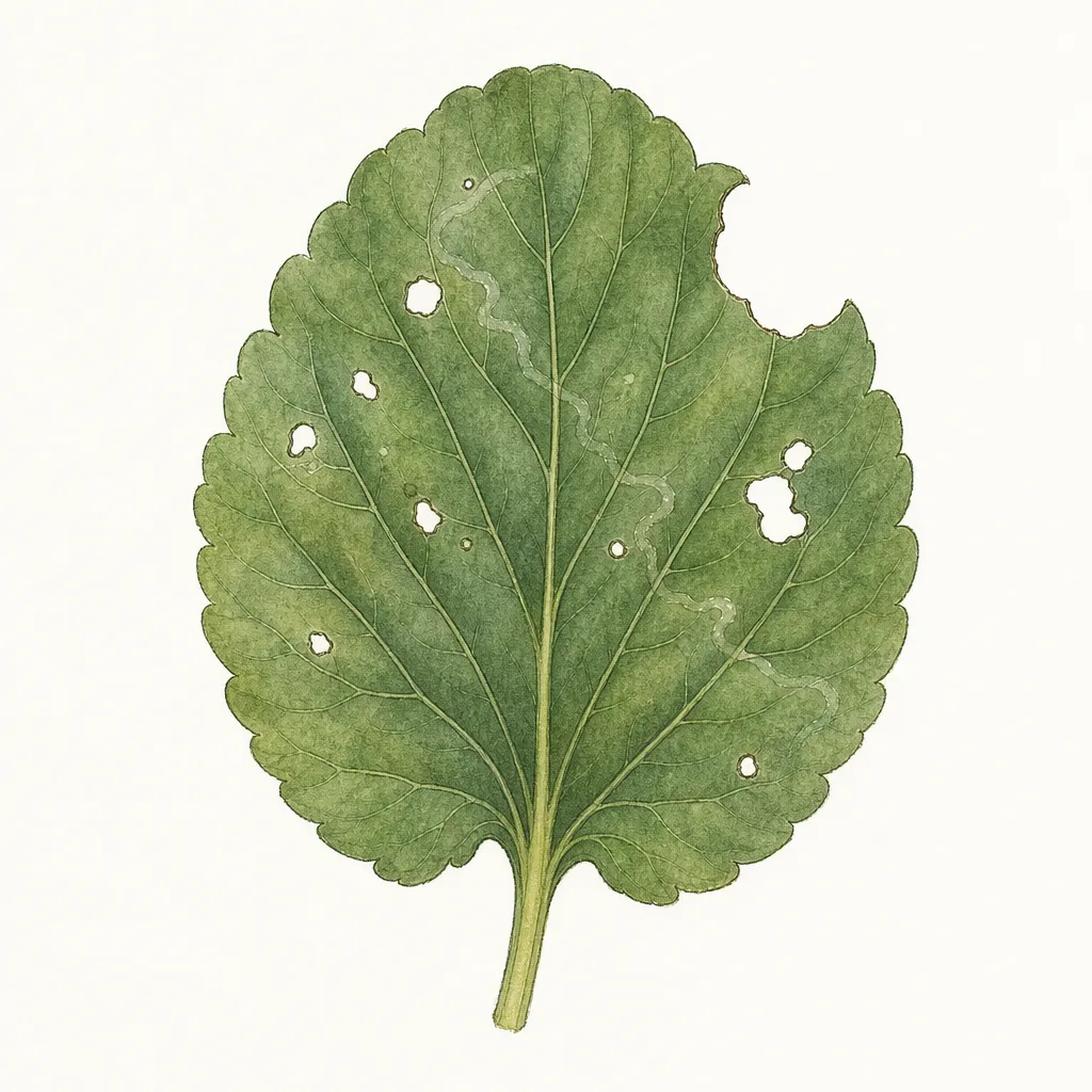AI illustration of a pansy leaf with irregular feeding holes, a chewed edge and a faint silvery slime trail.