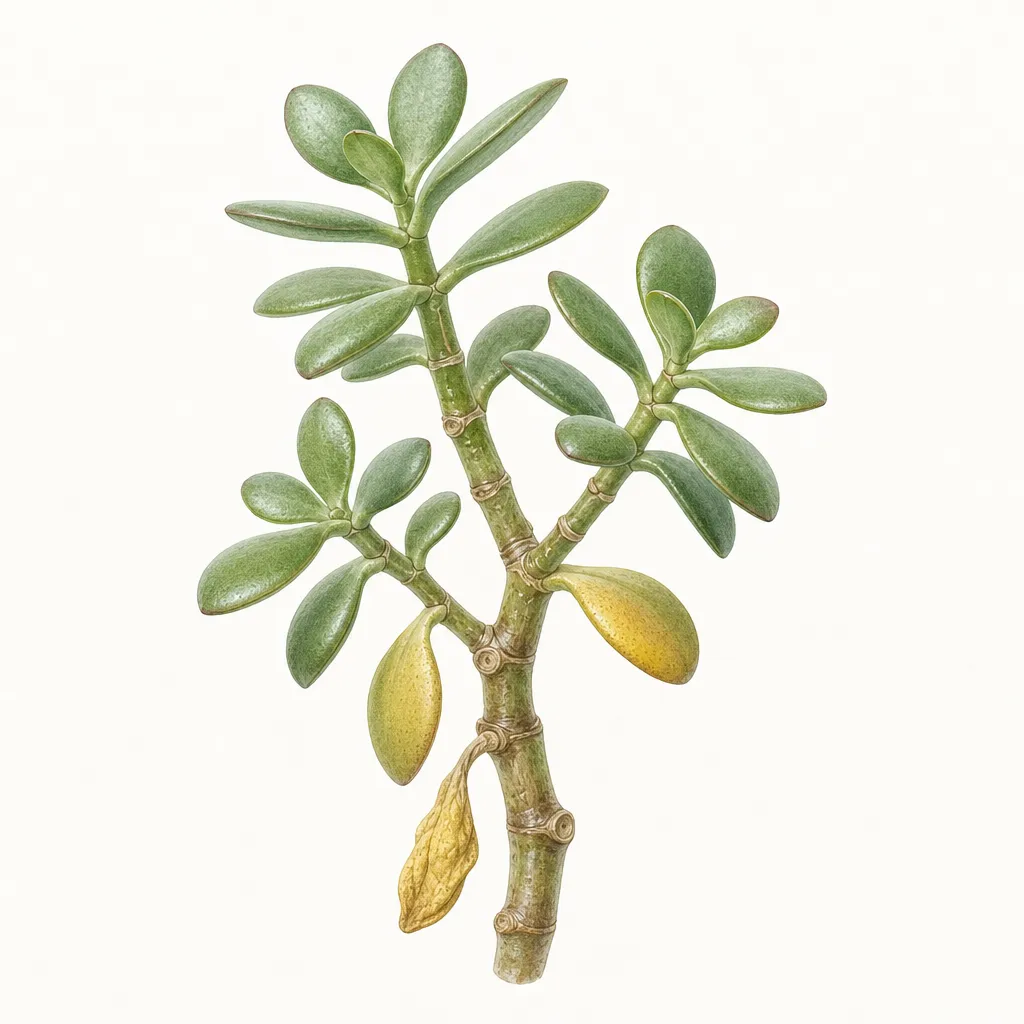 AI illustration of a jade plant branch with yellowing lower leaves, a drooping leaf and bare scars where leaves have fallen.