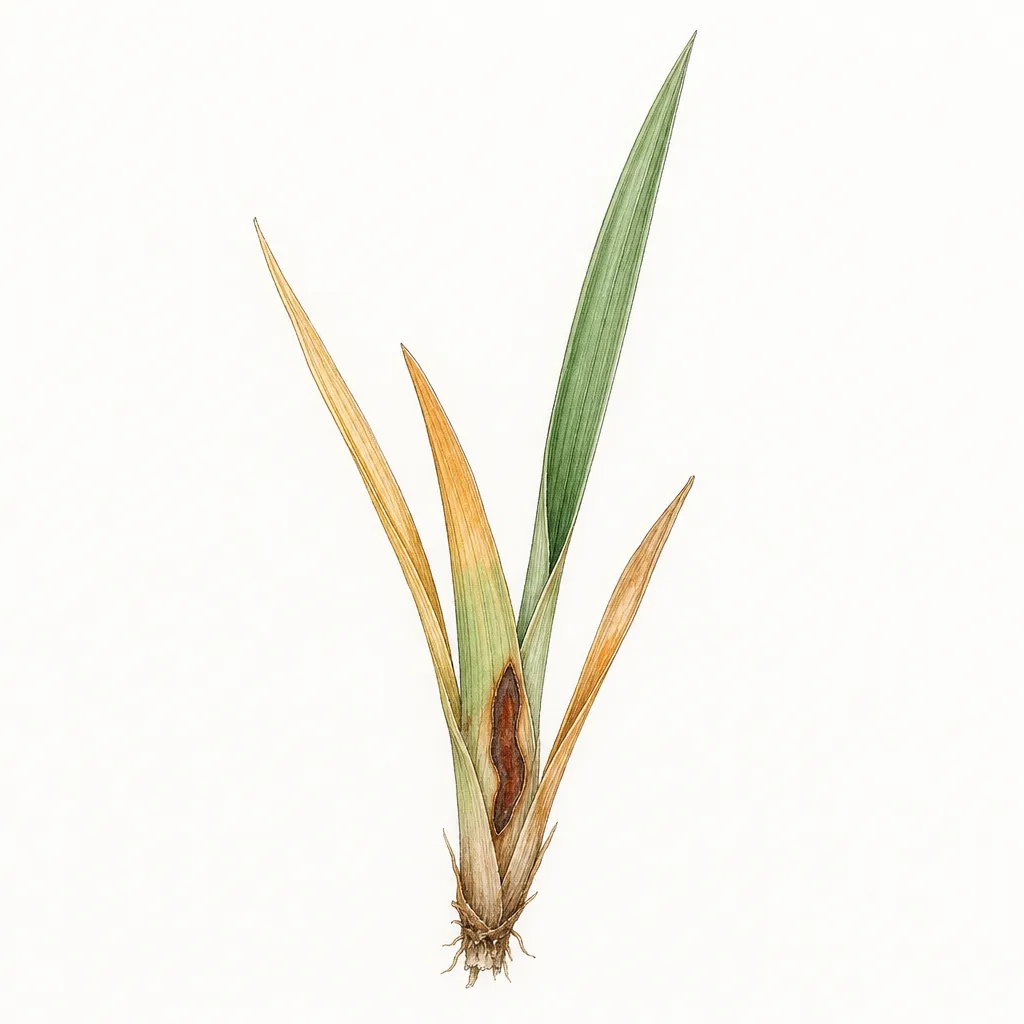 AI illustration of a zoysiagrass shoot with yellow-orange dying leaves and a dark brown lesion at the leaf base, illustrating large patch symptoms.
