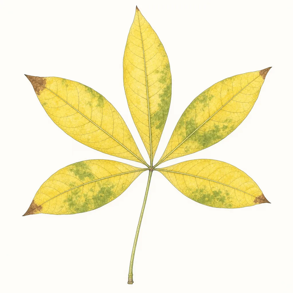 AI illustration of a money tree compound leaf with yellowing leaflets, remaining green patches and a few brown tips.