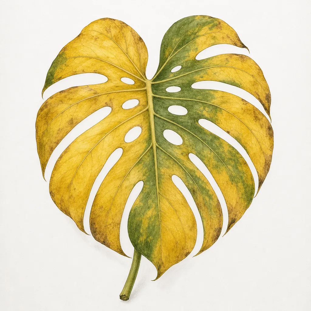 AI illustration of a mature monstera leaf showing broad yellowing, remaining green areas, and natural splits and holes.