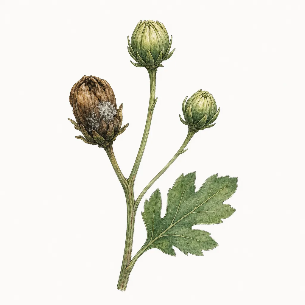 AI illustration of a garden mum stem with a brown, unopened bud showing gray mold beside two healthy green buds.