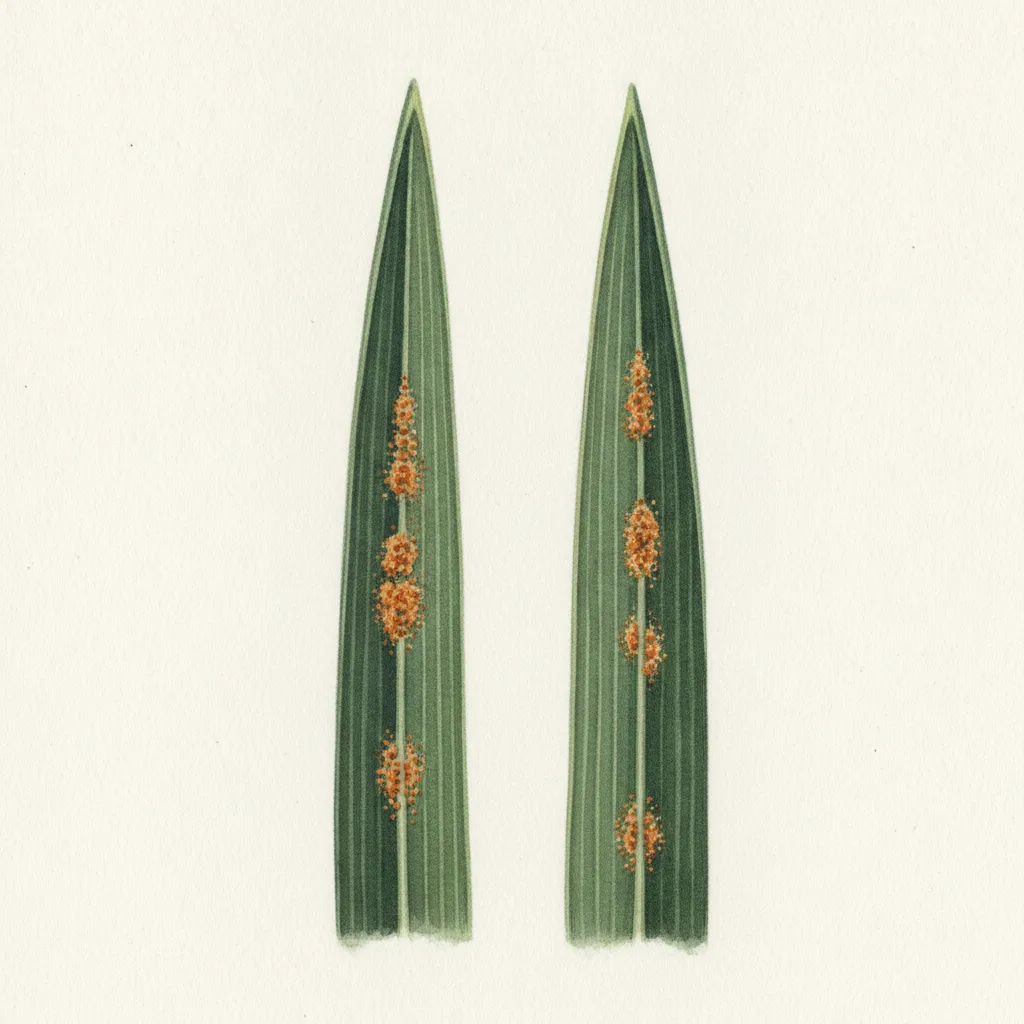 AI illustration of grass blades infected with lawn rust, showing raised orange fungal pustules and powdery spores on the green leaf surface.