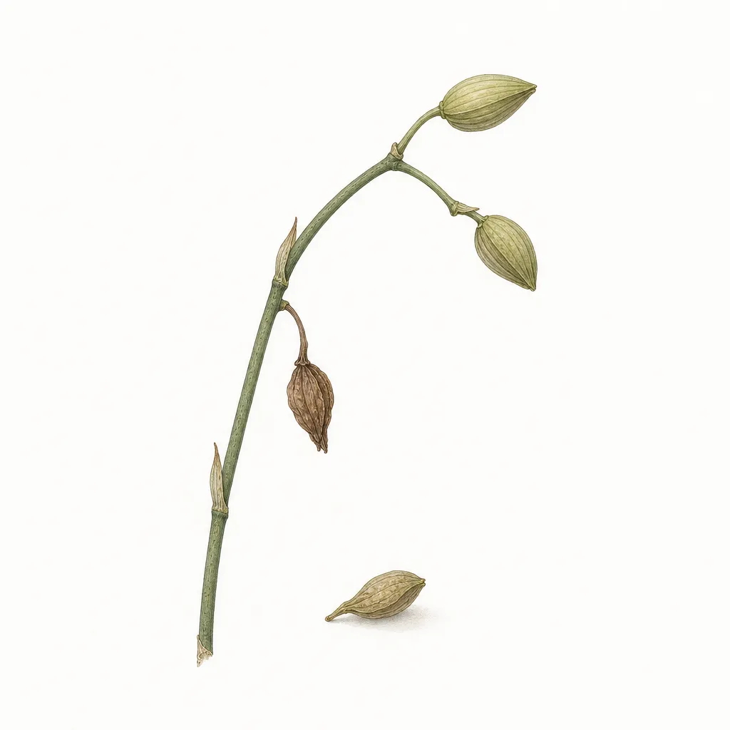AI illustration of an orchid flower stalk with a brown shriveled unopened bud, a fallen bud and two healthy buds.