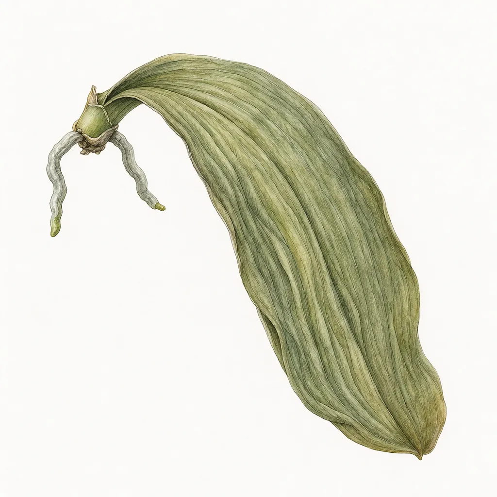 AI illustration of a limp, drooping moth orchid leaf with pronounced lengthwise wrinkles.