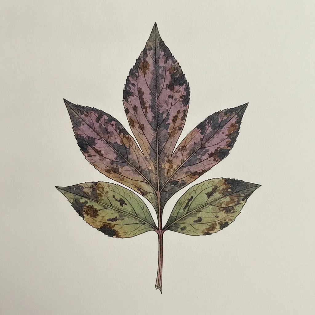 AI illustration of a peony leaf displaying irregular blackened and purplish fungal blotches on late-season foliage.