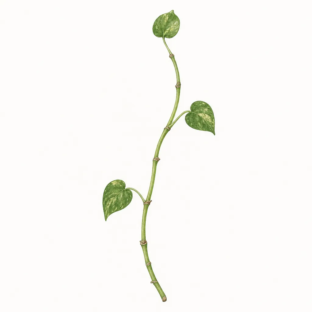 AI illustration of a sparse pothos vine with a long thin stem, widely spaced nodes, bare sections and a few heart-shaped leaves.