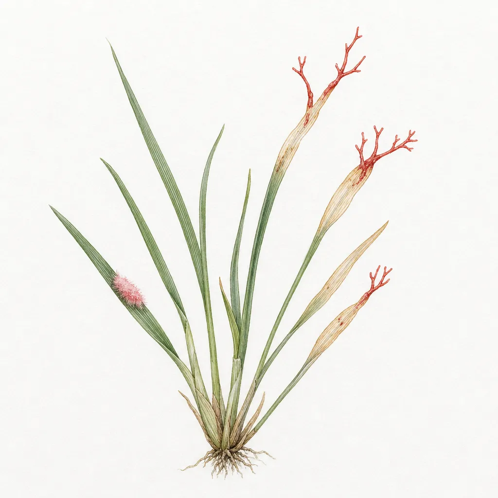 AI illustration of ryegrass blades with bleached tips, projecting coral-red fungal threads, and a small tuft of pink growth.