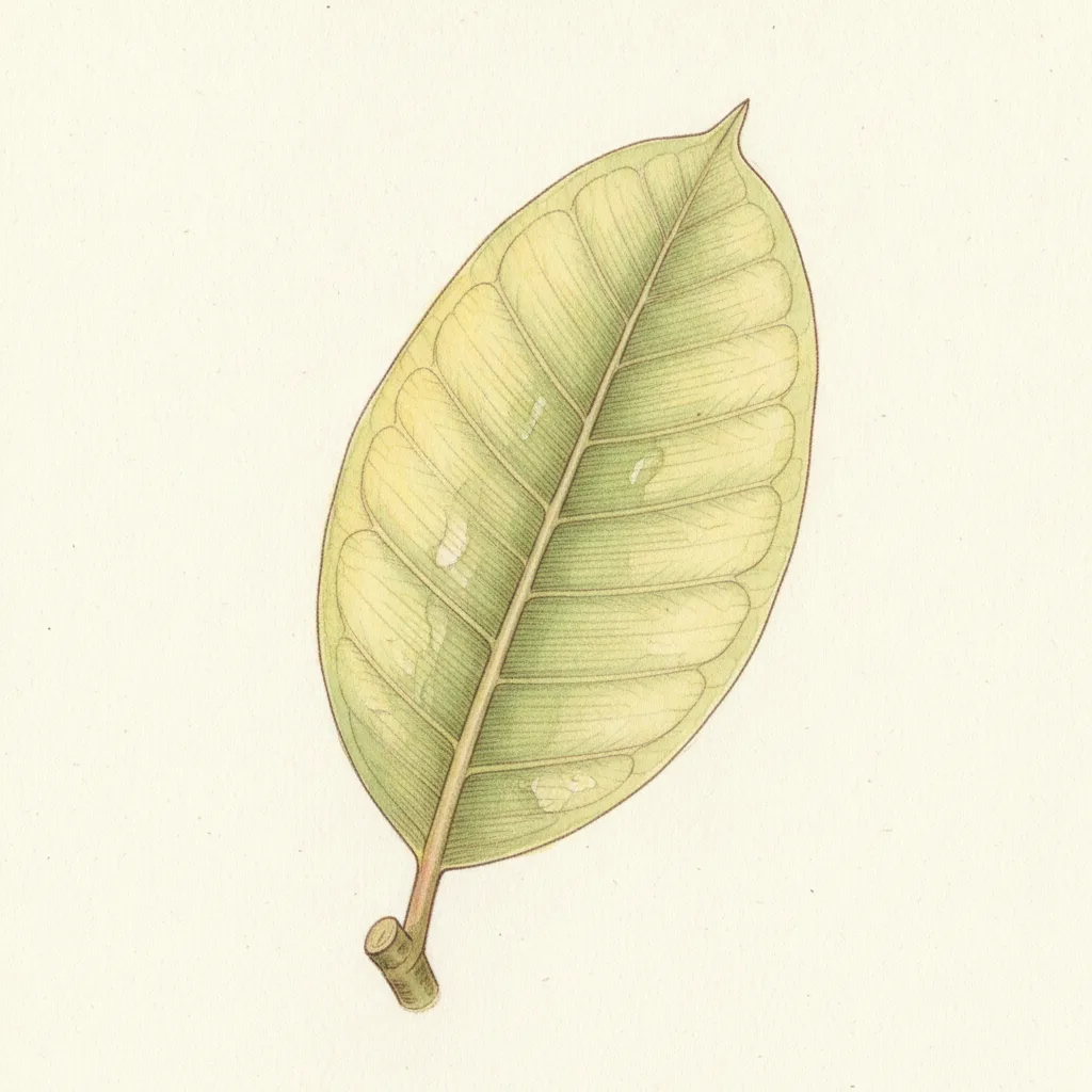 AI illustration of a rubber plant leaf turning yellow and loosening at the stem due to overwatering stress.