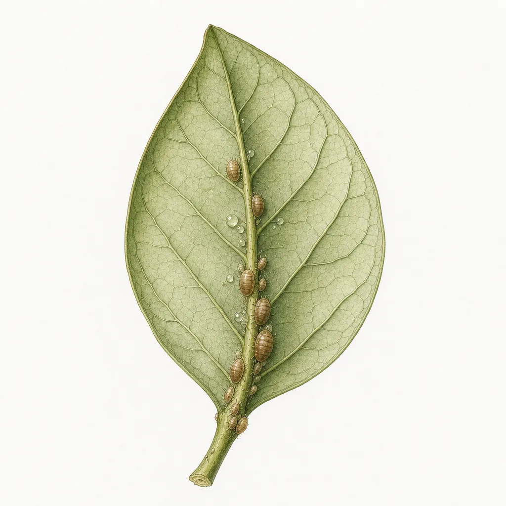 AI illustration of brown soft scale insects and tiny crawlers along the underside vein and stem of a citrus leaf, with clear honeydew droplets.
