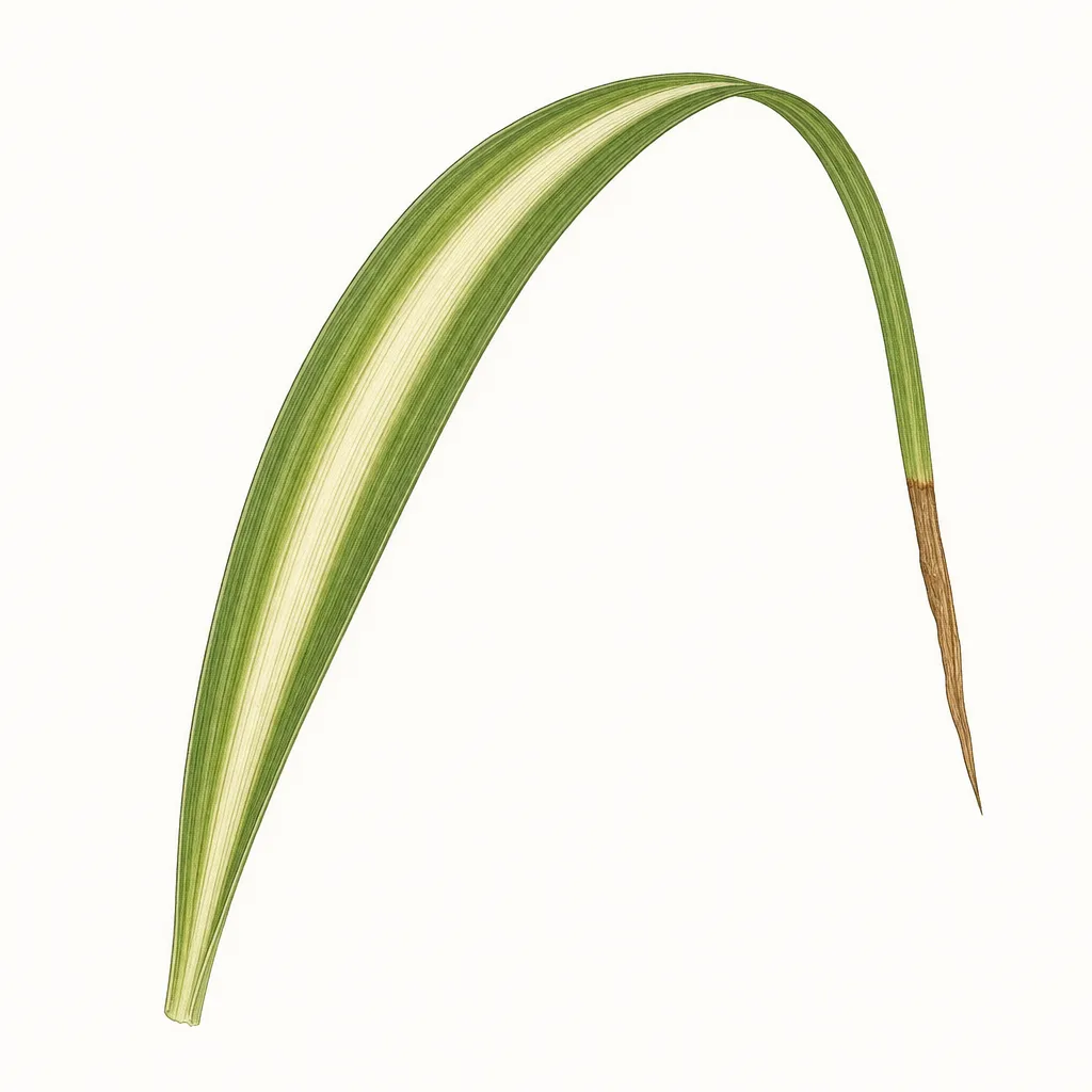 AI illustration of a striped spider plant leaf with a dry brown tip and otherwise healthy green and cream tissue.