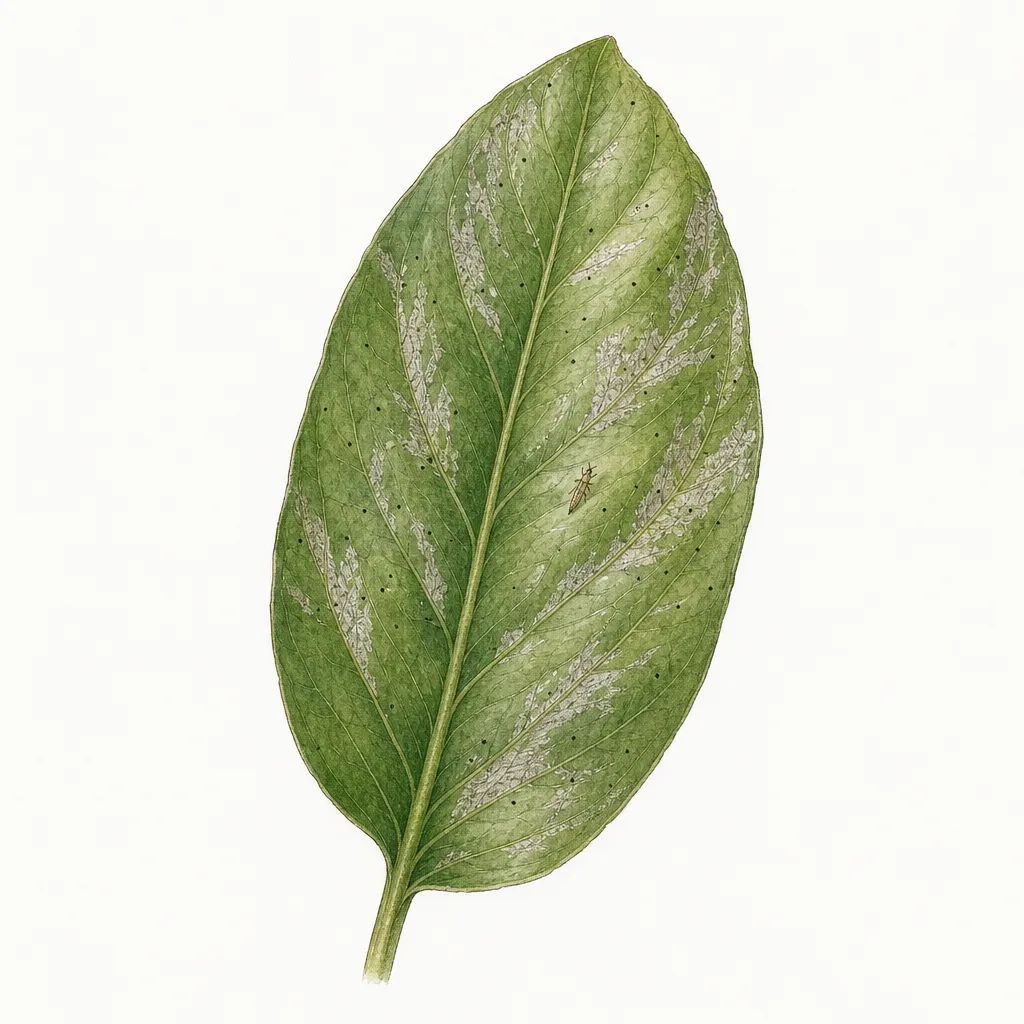 AI illustration of a houseplant leaf with silvery thrips feeding scars, tiny black droppings, and a slender thrips insect.