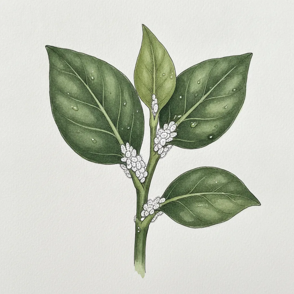 AI illustration of cottony white mealybugs clustering in the leaf axil of a green houseplant stem.