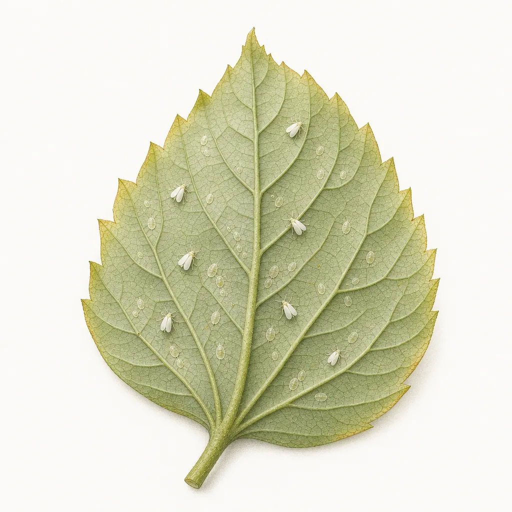 AI illustration of a hibiscus leaf underside with whitefly adults, flat oval nymphs, and slight yellowing.